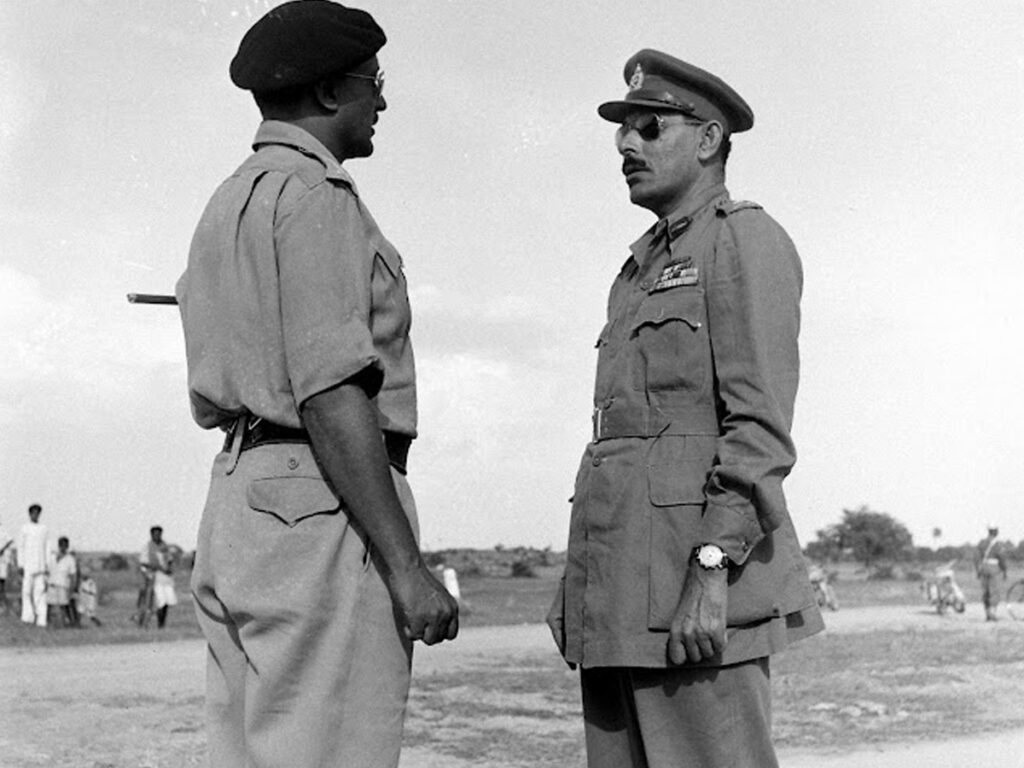 Major General Syed Ahmed El Edroos (at right) offers his surrender of the Hyderabad State Forces to Major General (later General and Army Chief) Joyanto Nath Chaudhuri at Secunderabad (Operation Polo / Hyderabad Police Action 1948 Pic)