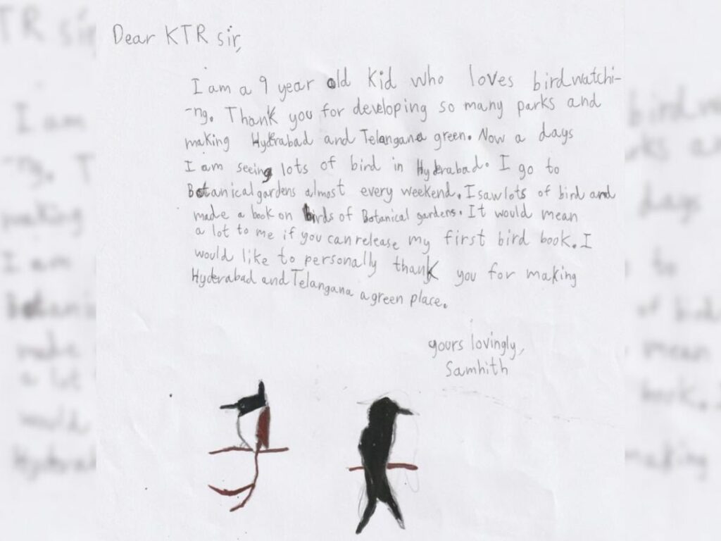Samhith's hand-written letter to the minister KT Rama Rao