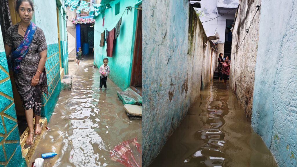 The image shows residents of Moosanagar and Vinayakaveedhi Rasoolpura areas reeling in floods since Friday evening, September 26, 2025.