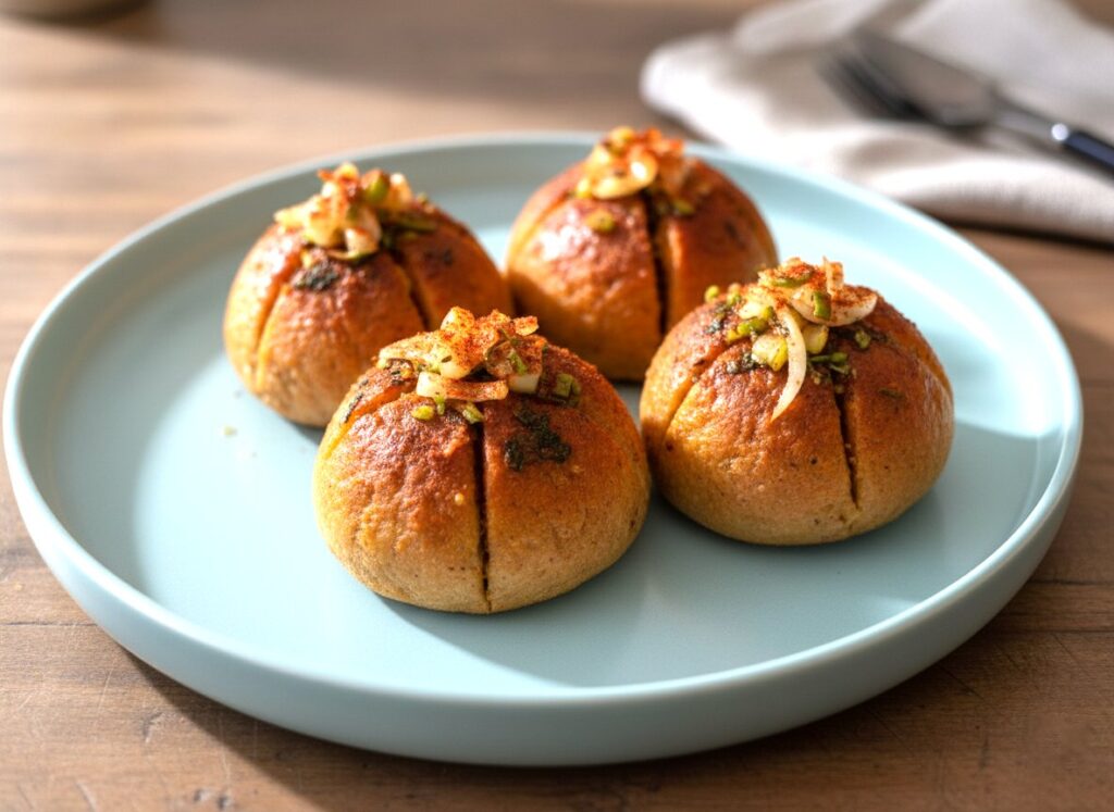 Authentic Hyderabadi bread balls with spicy fillings and toppings.