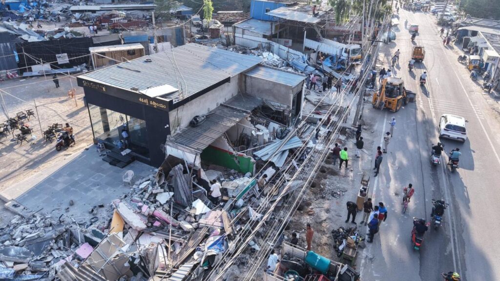 Demolition of shops in Madhapur, Hyderabad, as part of land reclamation project by HYDRAA.