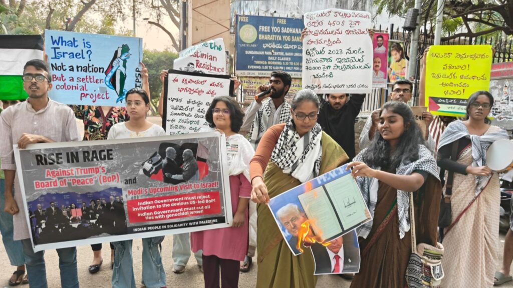 Palestine activists demonstrate against Trump’s Board of Peace proposal.