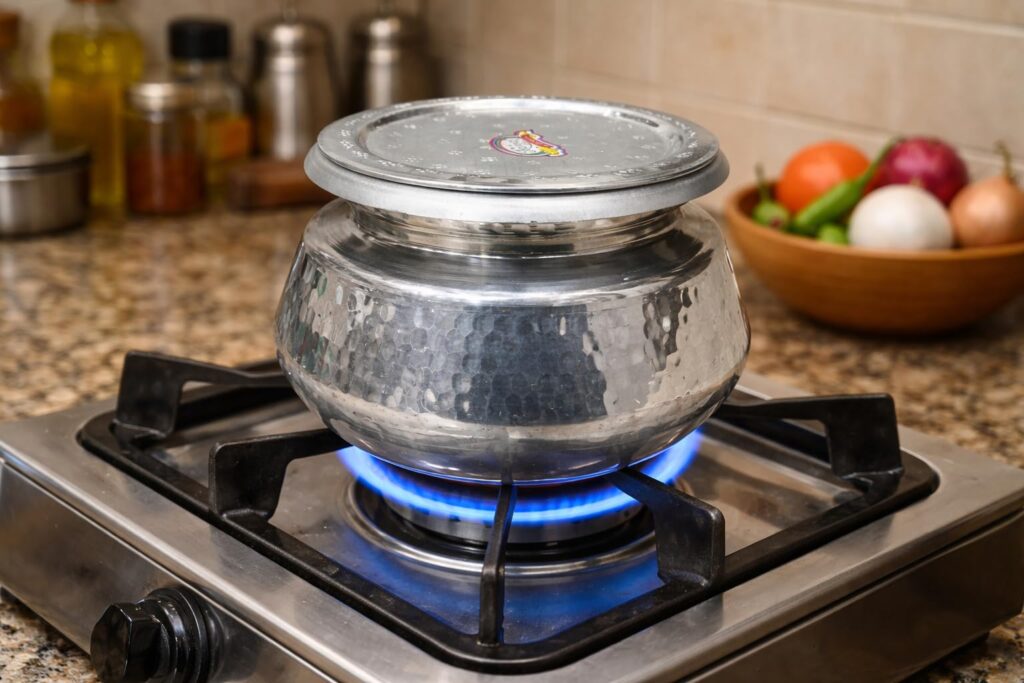 Metal LPG cylinder on stove with blue flame, used for cooking during LPG shortage.