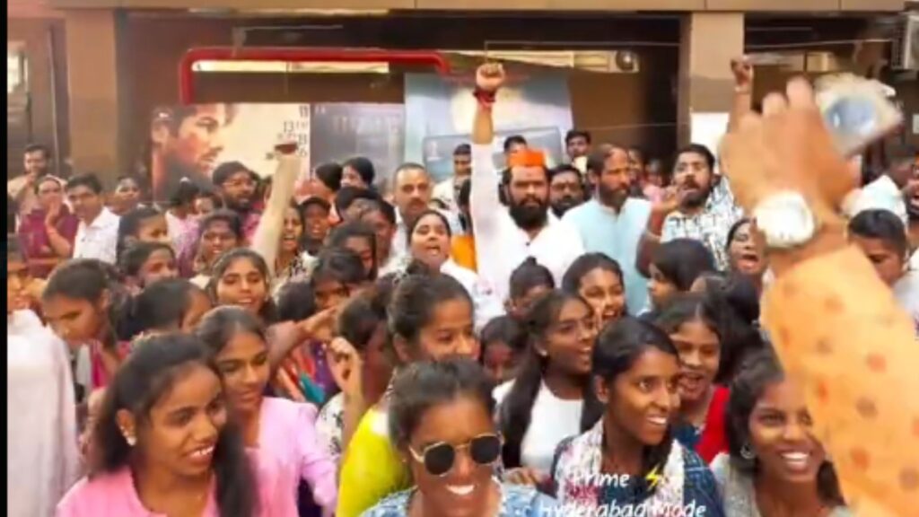 Crowd of young people protesting against love jihad outside a theatre in Hyderabad.