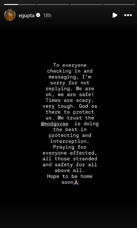 Esha Gupta shares a message of safety and resilience from Dubai during tough times.