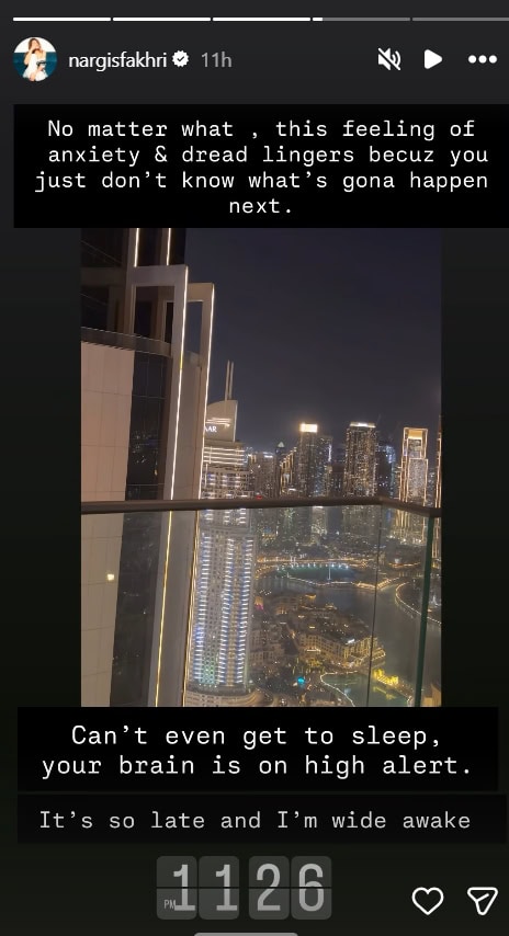 Nargis Fakhri on high alert in Dubai, reflecting anxiety amid Middle East tensions.