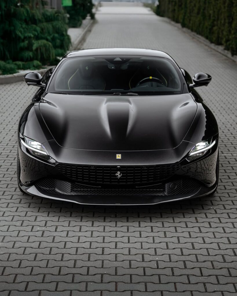 Luxury black Ferrari sports car parked on driveway.