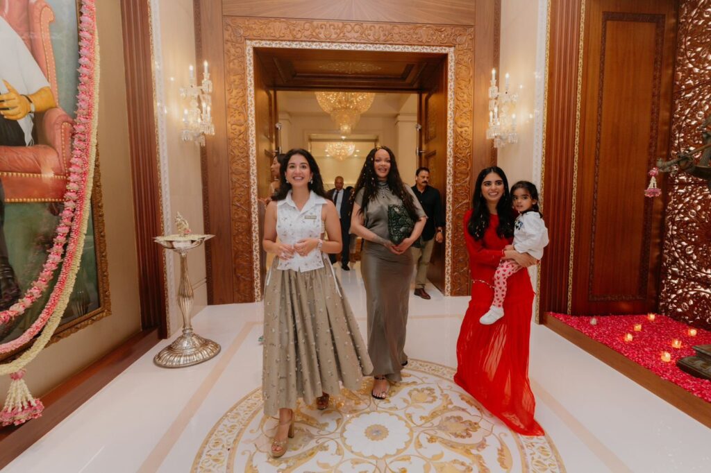 Rihanna joins the Ambani family for traditional Indian rituals and dance moments during a festive event.