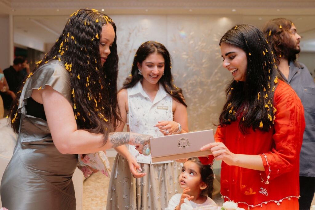 Rihanna joins the Ambani family for traditional Indian rituals and dance moments, celebrating cultural fe.