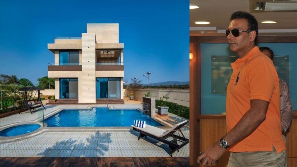 Modern villa with swimming pool, outdoor seating, and scenic landscape under clear blue sky.