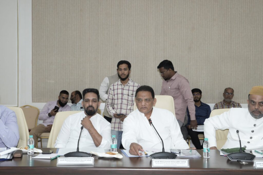 Haj minister Azharduddin reviews preparations for Haj pilgrims during a meeting with officials.