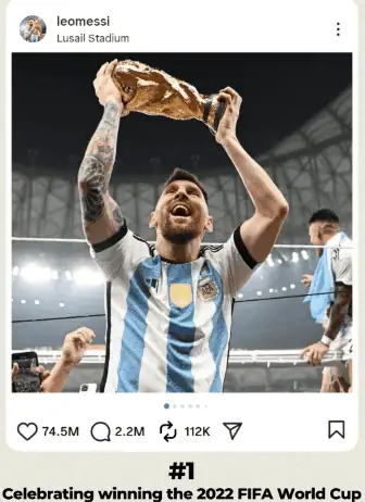 Messi holding the World Cup trophy, celebrating Argentina’s victory at Lusail Stadium, with fans and team.