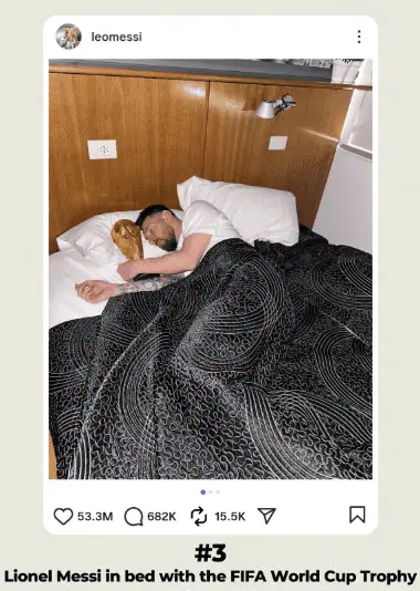 Messi resting in bed with a pillow and blanket, celebrating his FIFA World Cup victory.