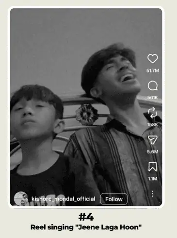 Reel singing 'Jeene Laga Hoon' by Kishore Monda, featuring two young men smiling and enjoying a moment of.