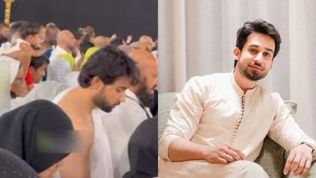 Bilal Abbas Khan during Haj pilgrimage in Saudi Arabia, taking a break amidst a large gathering.