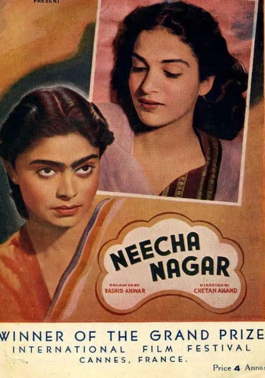 Vintage Bollywood film poster for Neecha Nagar featuring two women, directed by Chetan Anand, winner at C.